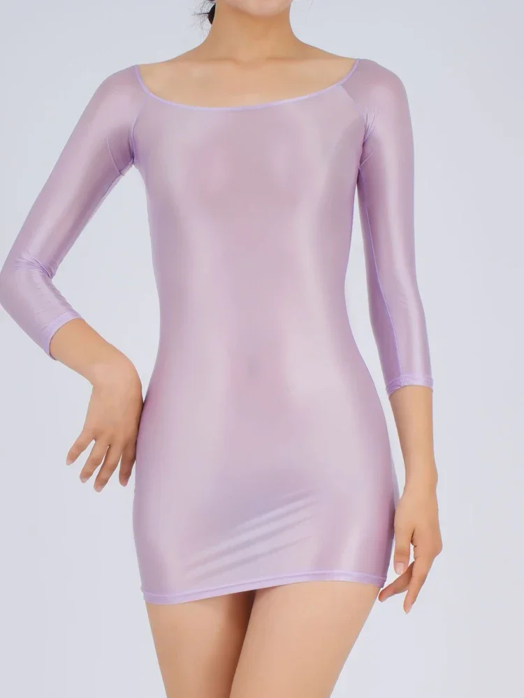 Vestidos brillantes al óleo de Color caramelo, mangas largas con hombros descubiertos, falda sexi ultracorta a la cadera, minivestido ajustado de alta elasticidad