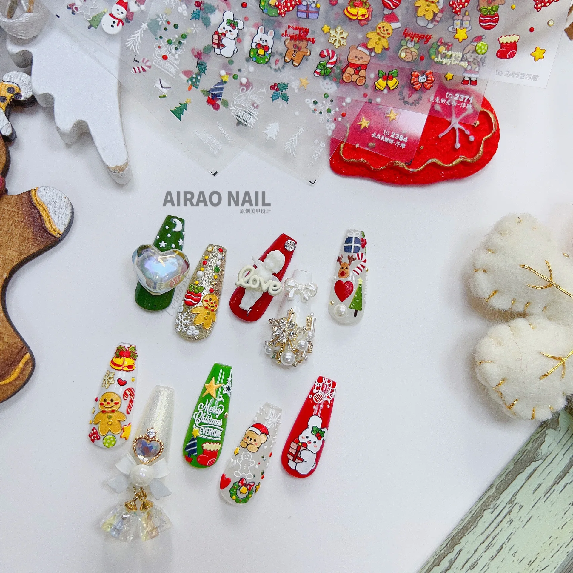 Nail Art Stickers Embossed Dimensional Cute Japanese Christmas Adhesive Decals Lightweight DIY Manicure Decoration Holiday
