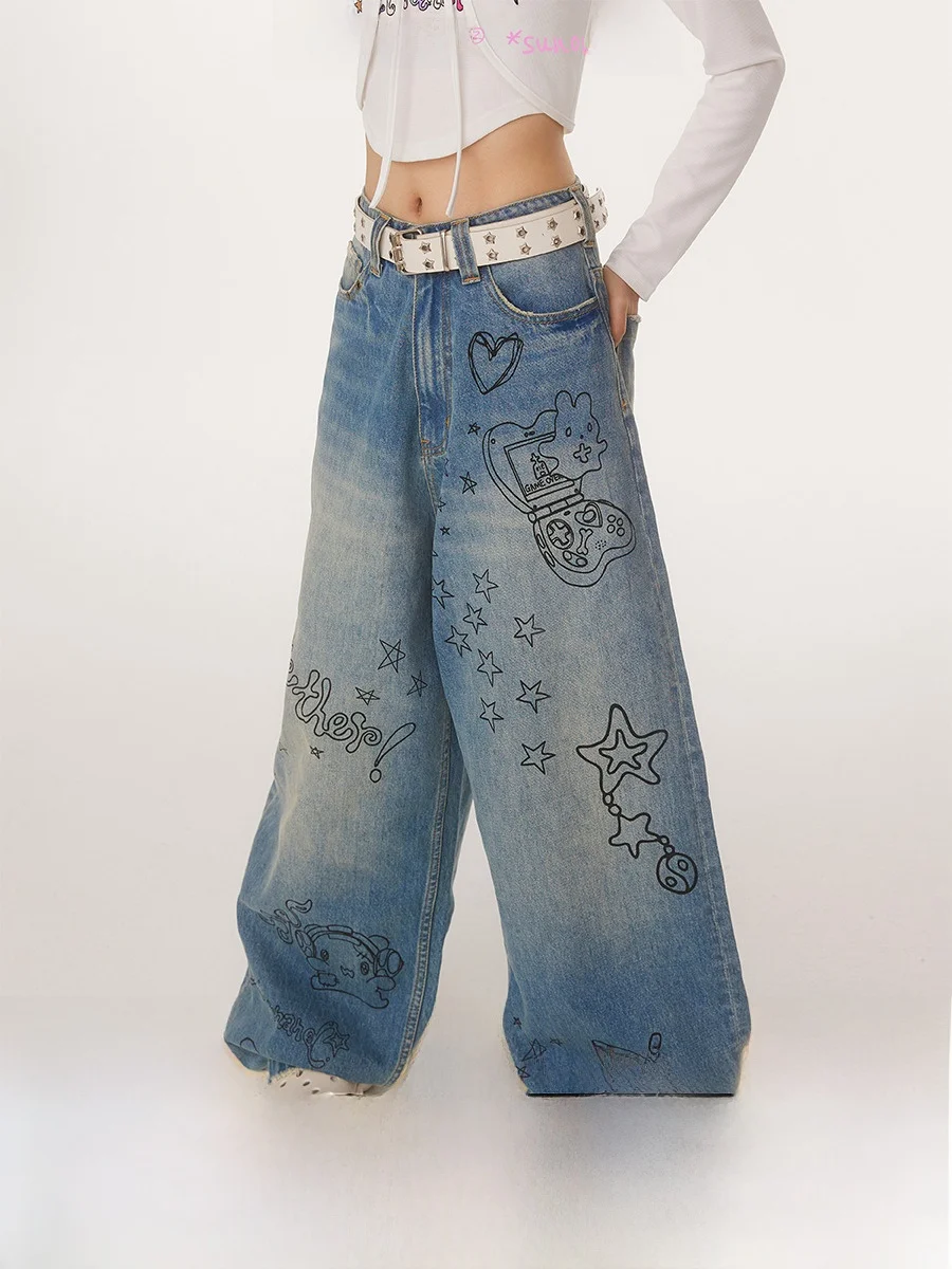 

Свободные женские джинсы с принтом fiti, свободный крой, летние винтажные синие длинные брюки Future, женские повседневные хлопковые джинсовые брюки