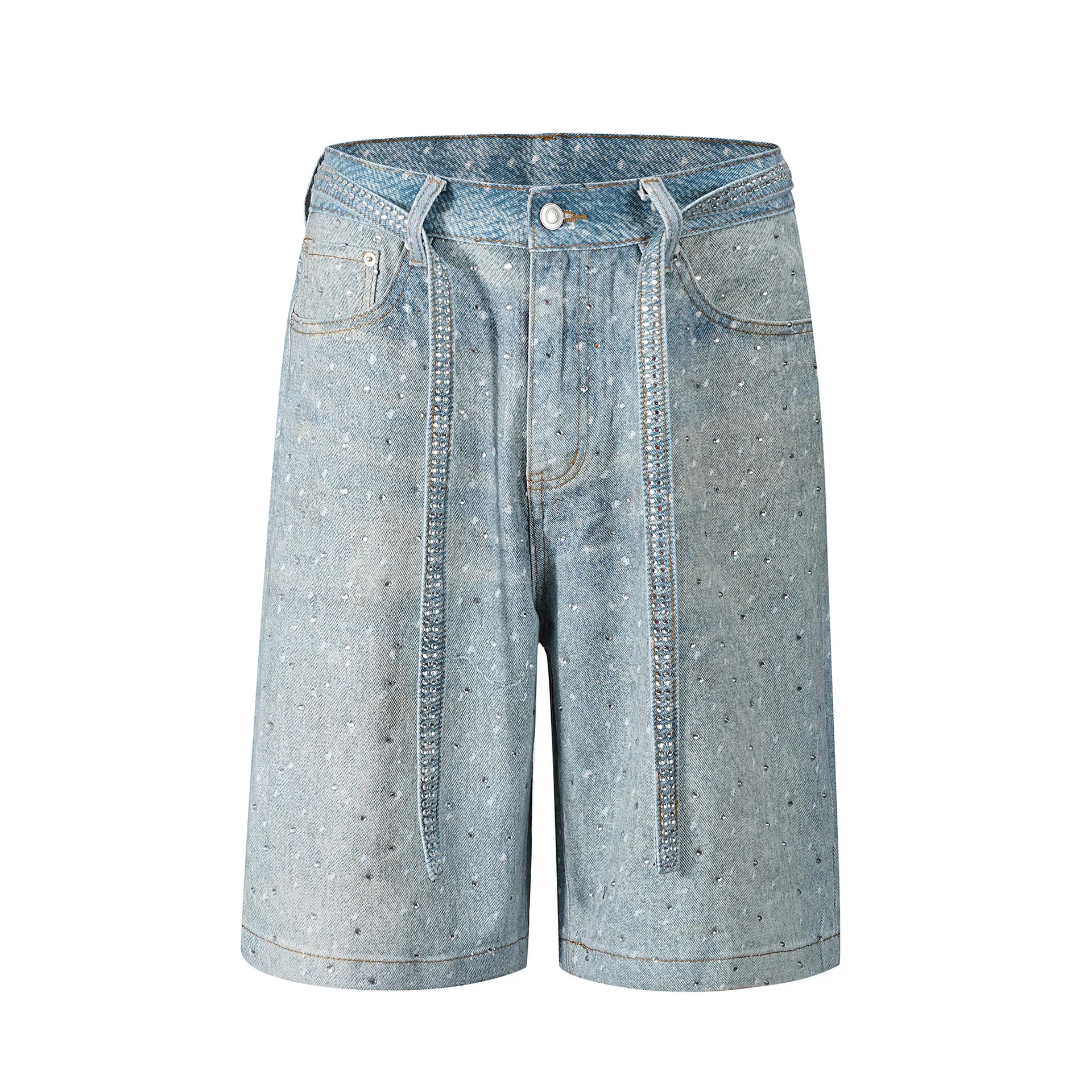 2025 Spring/Summer New Women's Loose Cowboy 5-point Pants with Full Hot Stamping Diamond and Additional Belt