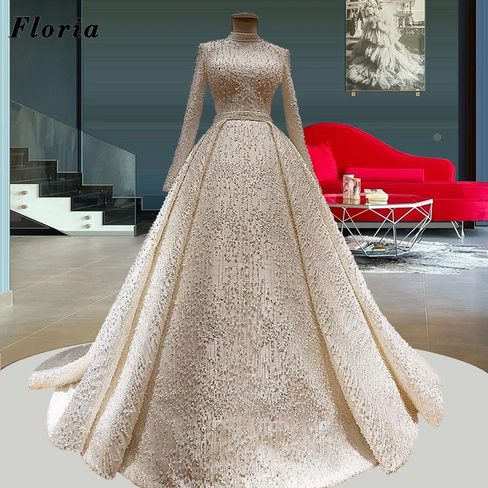 

Floria Gorgeous Heavy Beaded Wedding Dresses Dubai Couture Long Sleeves Bride Dress Muslim High Neck Women Bridal Gowns 2022