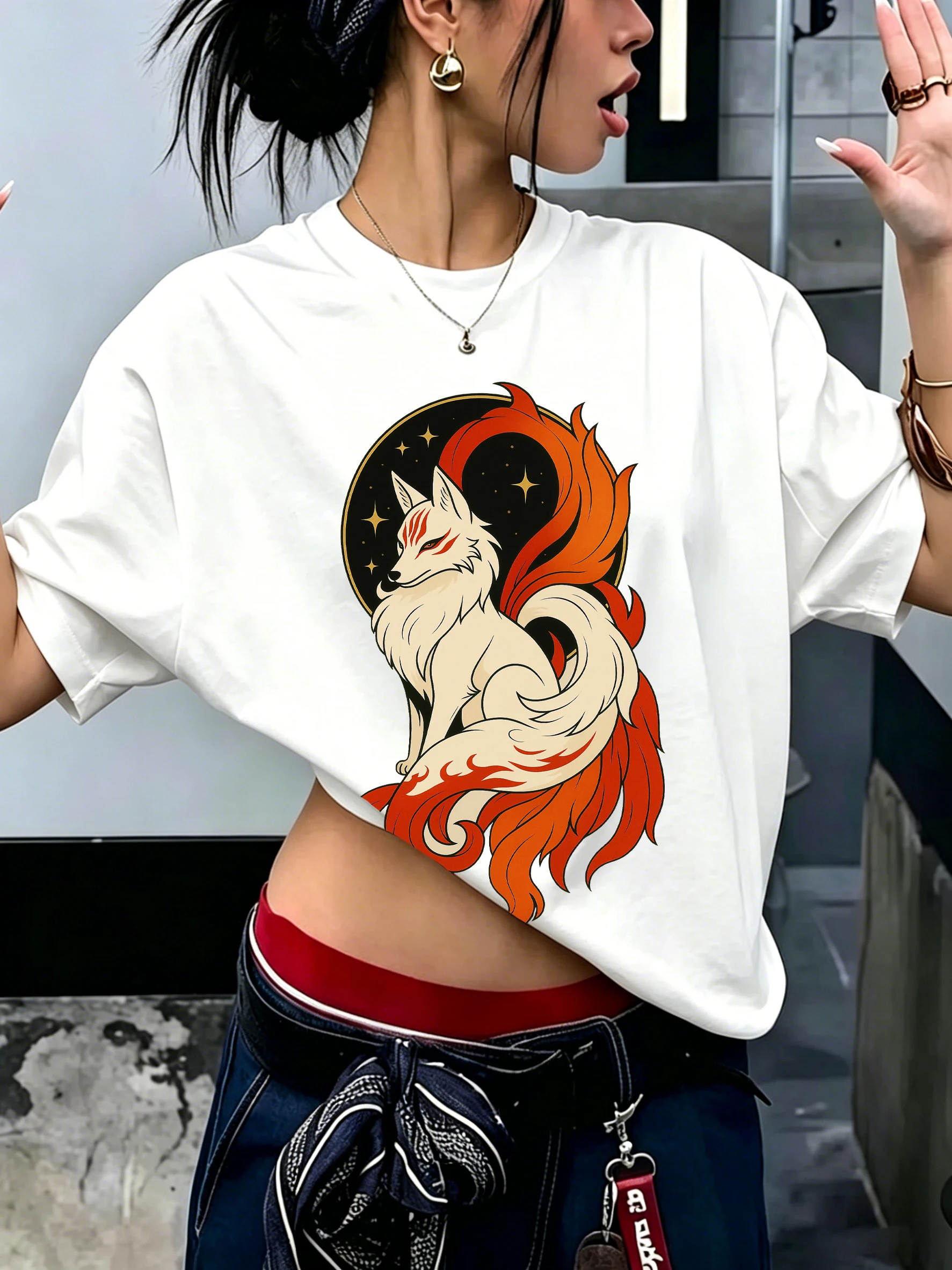 Women's 64% Cotton Kitsune Nine-Tailed Fox Print Short Sleeve T-shirt  women clothing y2k top