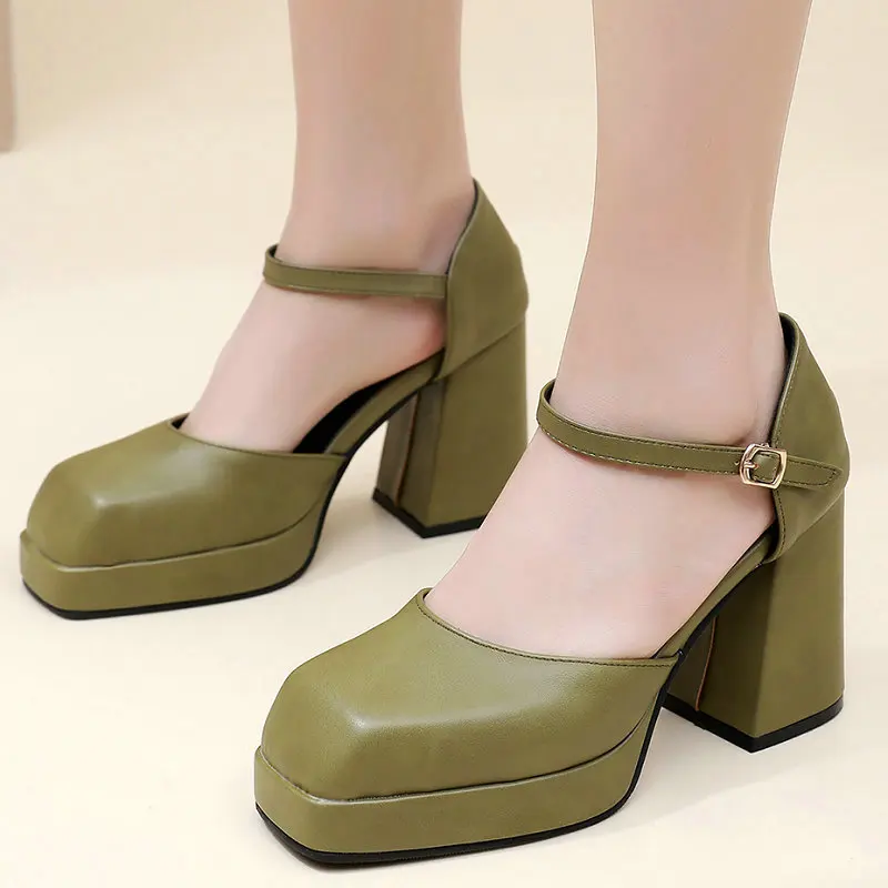 Olive Army Green Color Summer Shoes For Women Square Closed Toe Pumps Big Size 45 46 47 Chunky High Heels Platform Sandals Lady