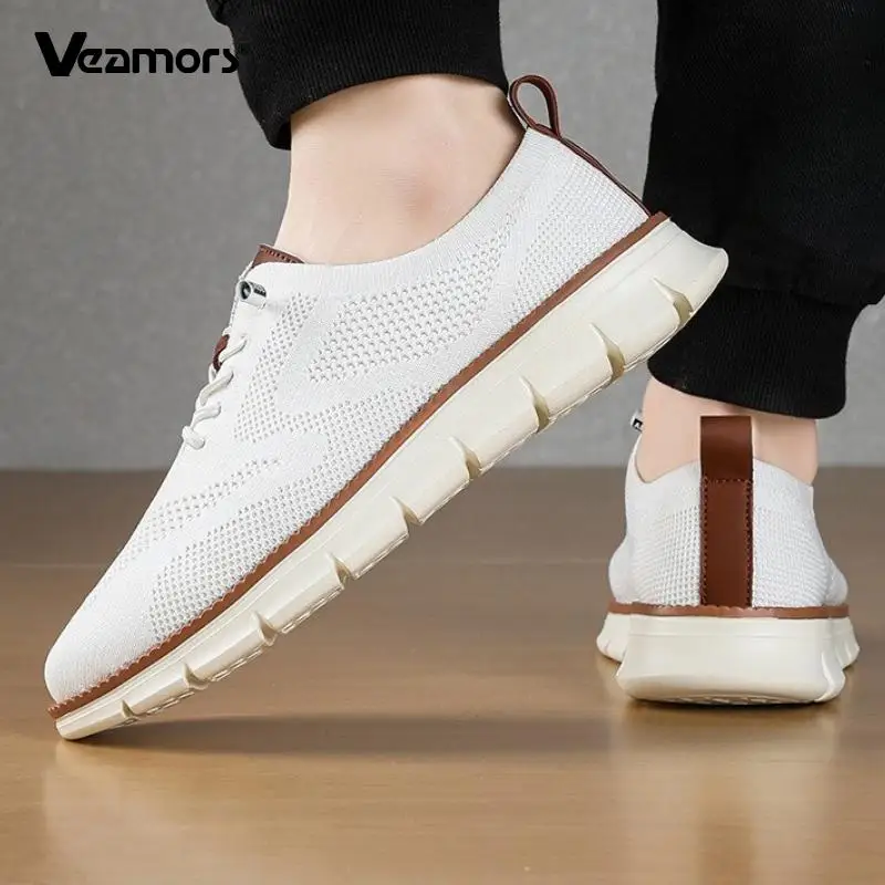 Men's Knitted Walking Shoes Breathable Mesh Casual Shoes Lightweight Daily Flats Fashion Lace-up Leisure Shoes Big Size 39-48