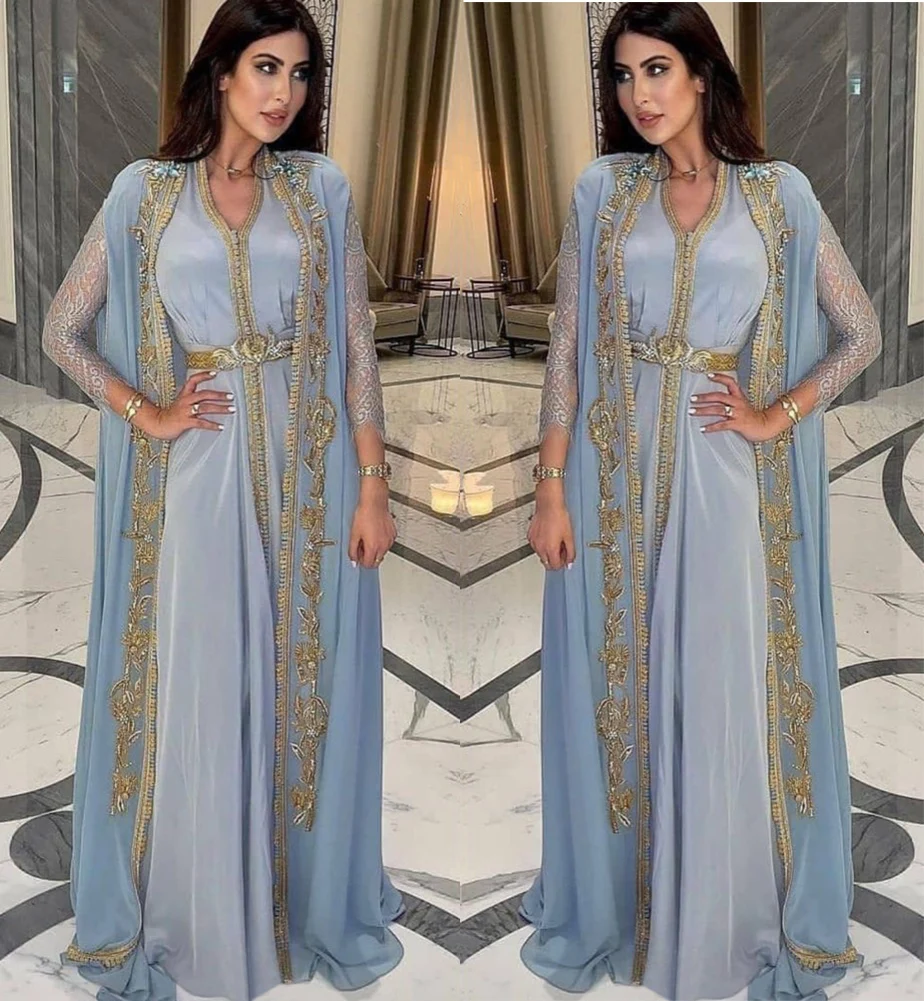 Caftan marroquino muçulmano vestidos de noite a linha mangas compridas chiffon grânulo dubai árabe turquia abaya vestido de baile islâmico personalizado