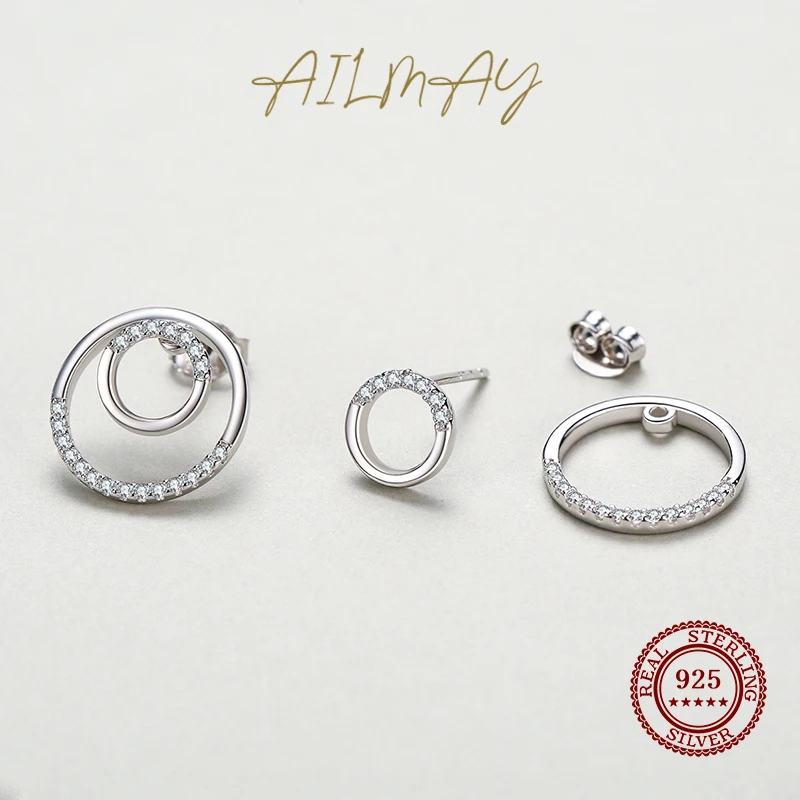 Ailmay Genuine 925 Sterling Silver Fashion Charm Dazzling Clear CZ Circle Stud Earrings For Women Wedding Statement Jewelry