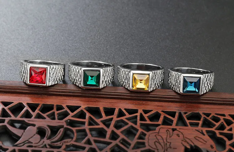 Punk Rock Titanium Steel Watch Strap Lines Natural Stone Square Finger Rings for Men Charm Jewelry Drop Shipping Size 7-12