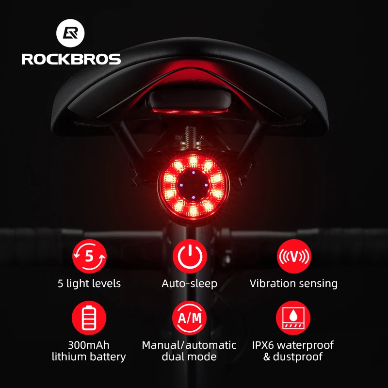 ROCKBROS Bicycle Light Smart Bicycle Rear Light Auto Start Stop Brake Sense Waterproof LED Type-C 7 Colors Rechargeable Lamp