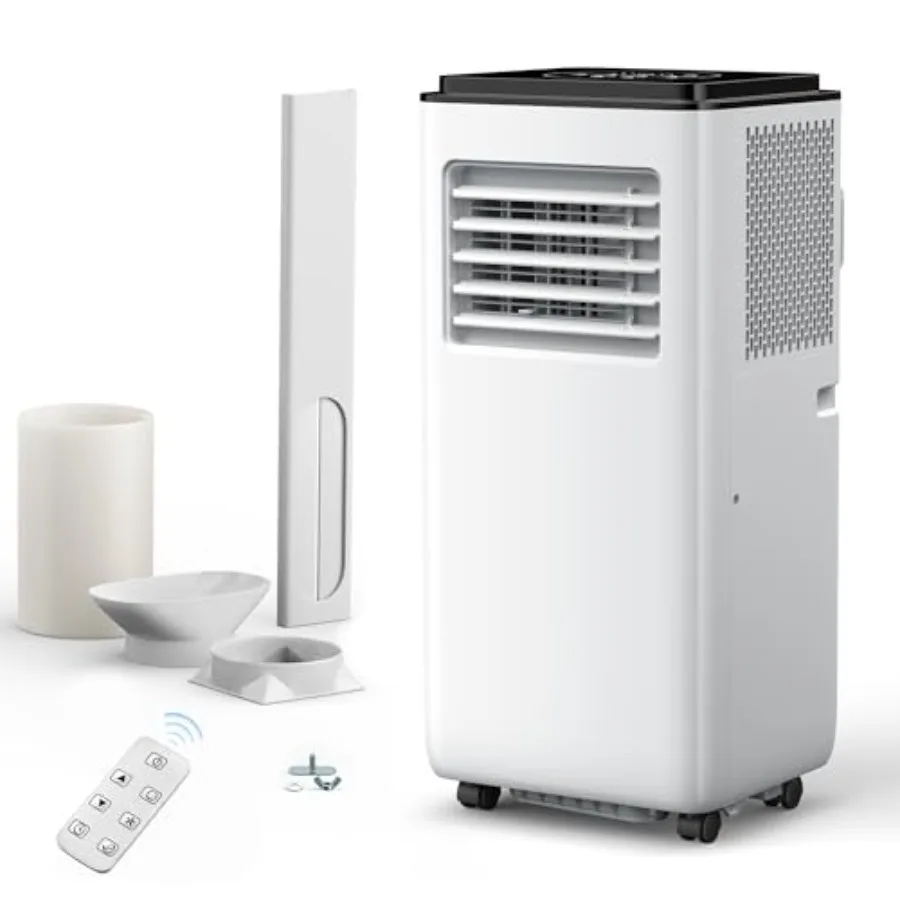 

Portable air conditioner for bedroom use, aluminum housing, white, 8000 BTU cooling capacity for up to 350 sq ft with 4-in-1 fu