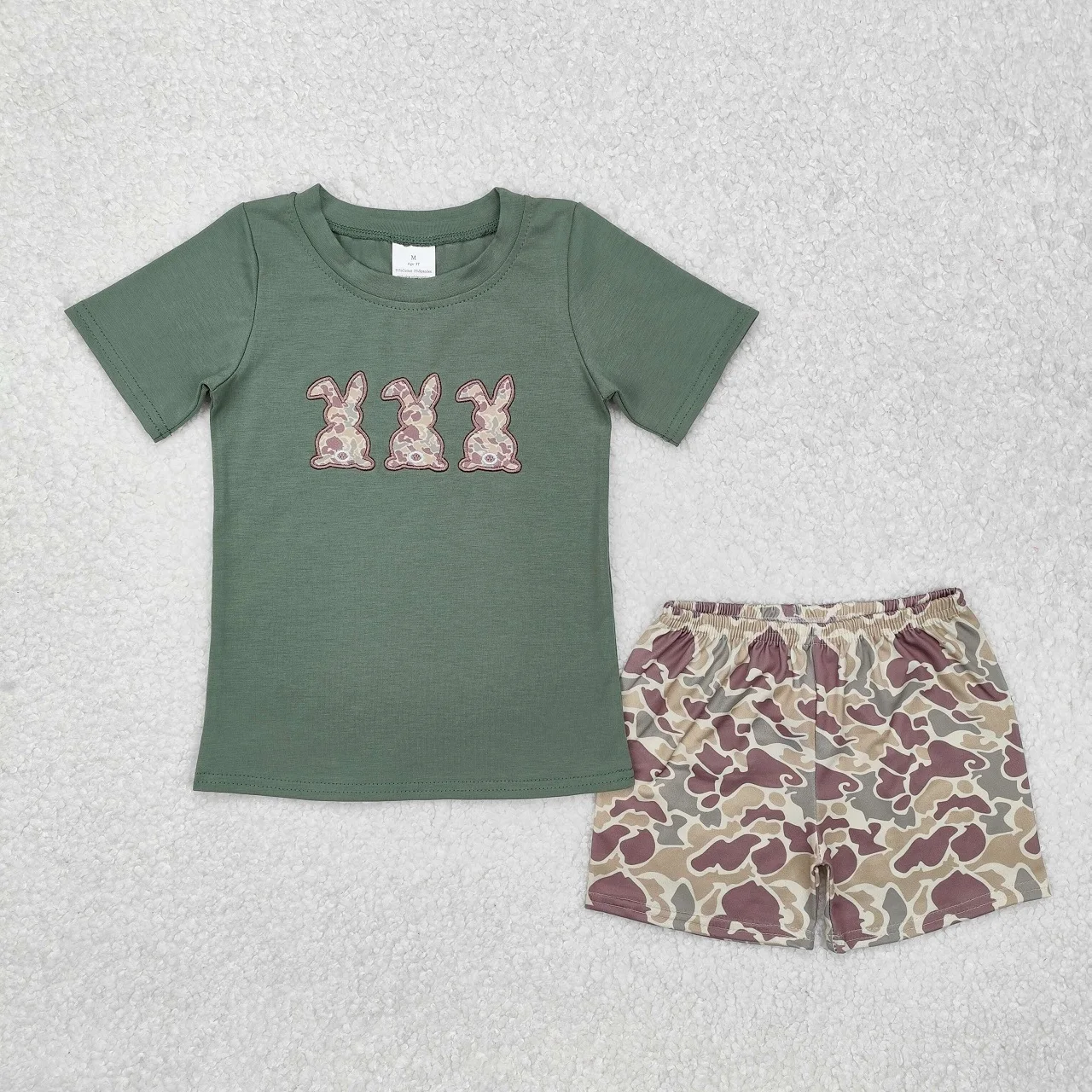 Wholesale Toddler Short Sleeves Cotton Green Shirt Kid Camo Pocket Shorts Children Embroidery Easter Rabbits Set Baby Boy Outfit