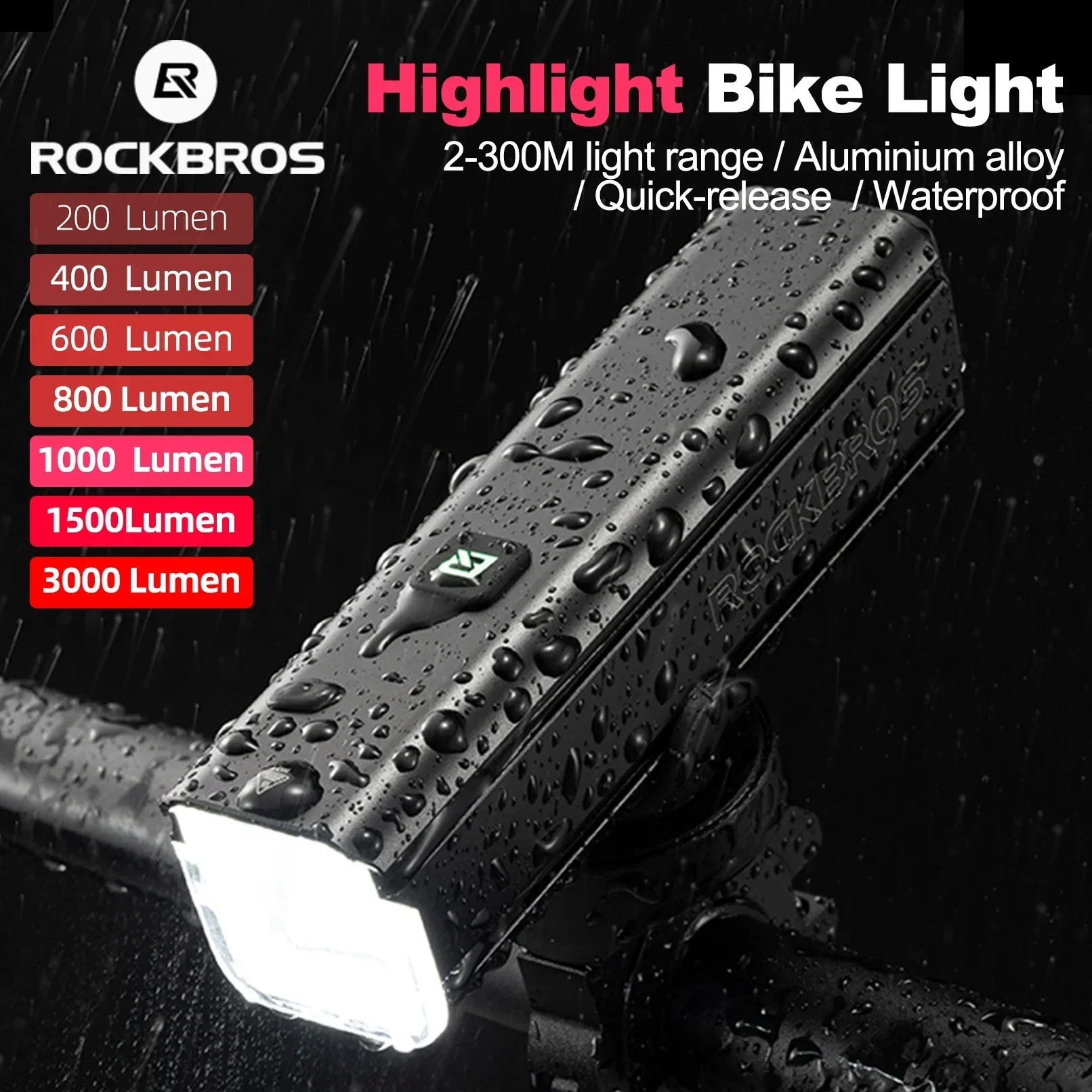 

ROCKBROS Headlight 200-3000LM Bike Light Type-C Charging LED Cycling Front Lamp Aluminium MTB Road Flashlight Bicycle Light