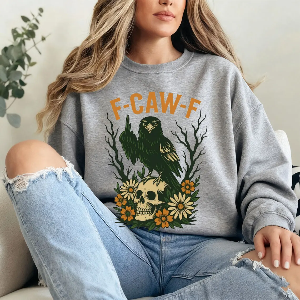 

Ворон Ворон F-CAW-F Забавный Хэллоуин Готический Цветочный Картата Темная Птица Птица Юмор Повседневная Мягкая Зимняя Удобная Одинаковая Толстовка
