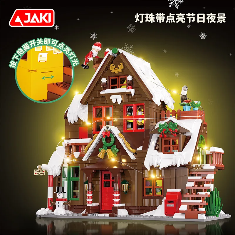 Weihnachten Holzhaus Modell Bausteine mit Lichtern Stadt Straße Szene Architektur Serie Montage Ornamente Spielzeug Kind Geschenk