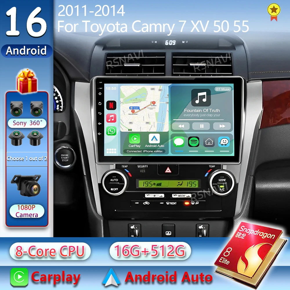 Android 16 For Toyota Camry 7 XV 50 55 2011 - 2014 2K QLED Android Car Radio Multimedia Video Player GPS Stereo CarPlay