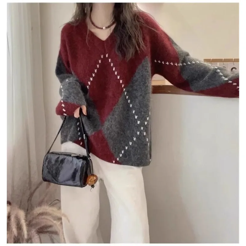 

Contrasting Diamond Plaid Wool Sweater Autumn Winter Women's Lazy Comfortable Sweater Soft Top