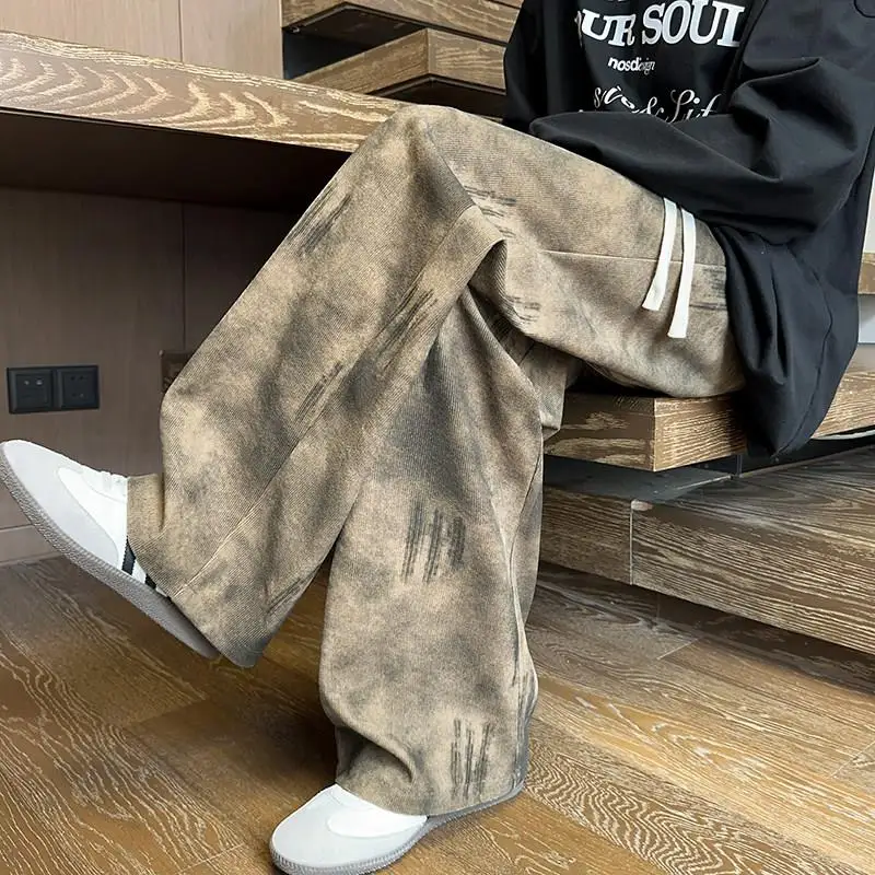 American Style Tie Dye Casual Pants Men's Autumn Winter Corduroy Straight Leg Wide Leg Long Pants Retro Japanese Style