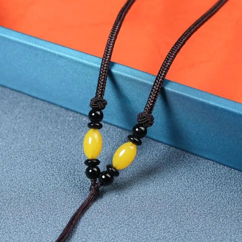 New Finished Pendant Necklace, Knotted Beeswax Cord, Knotted Crystal Amber Jadeite Jade Hanging Rope