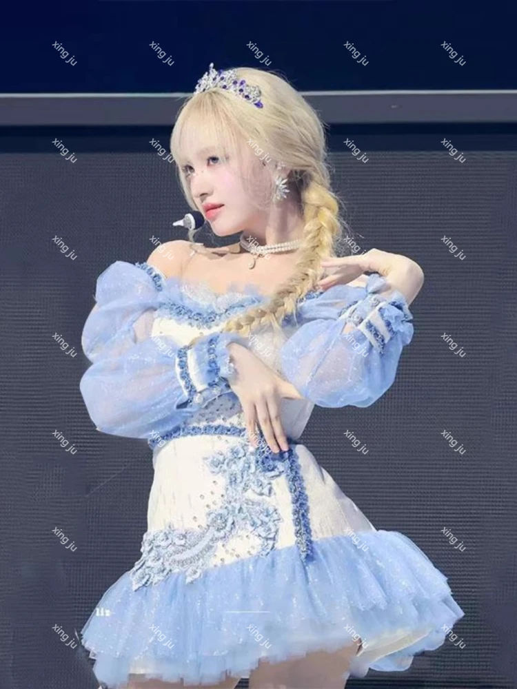新しい韓国歌手コンサートコスプレ衣装フェスティバルストラップレスレース長袖ドレス女性 Kpop イブニングパーティーエレガントなドレス