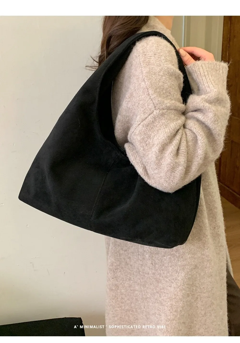 Lässige Retro-Damen-Schultertasche aus Wildleder mit großem Fassungsvermögen, einfarbige Shopper-Tasche – Detail 14