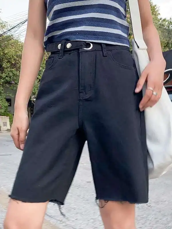 

High Waist Denim orts Women's Summer Sle Figuref Fit Straight Leg PU Material Cleanfit Bla Color Mid-aged plus Size