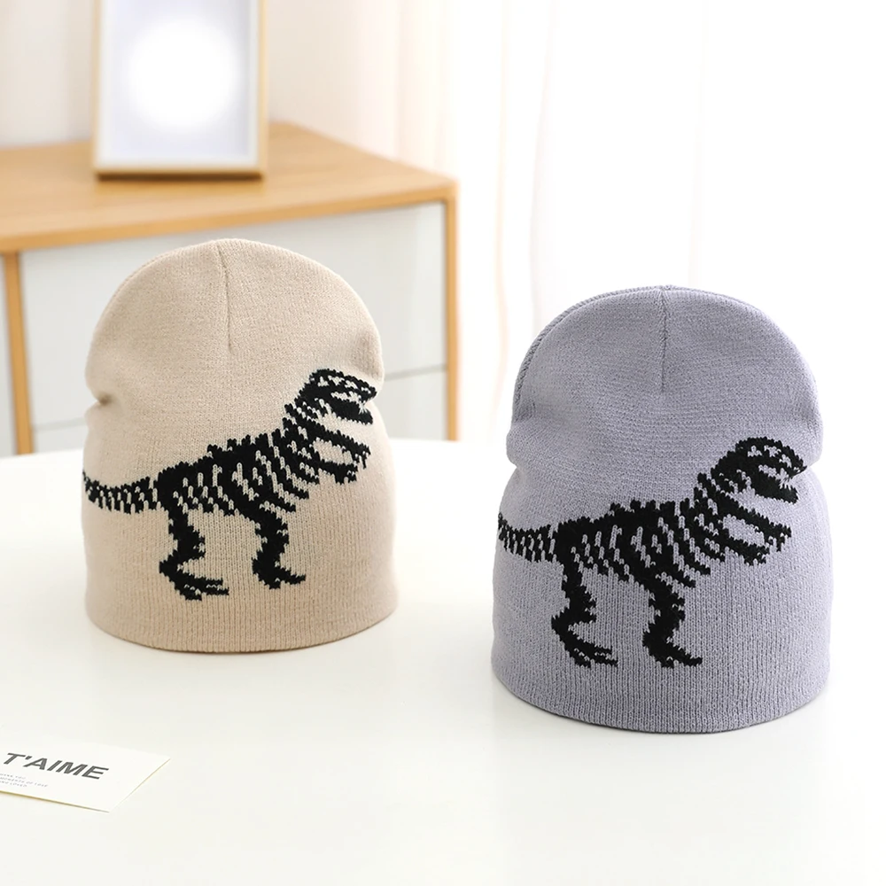 2024 New Fashion Winter Dinosaur Embroidery Beanie Hat Fashion Keep Warm Couple Cap Knitted Beanie For 2-8 Years Old Children