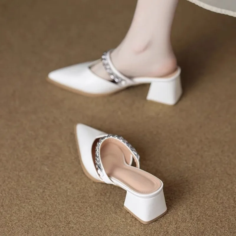 Women's Pointed Toe Mules, Metal Chain Strap Block Heel Slip On Sandals, Elegant Versatile Ladies Backless Pumps for Daily Party