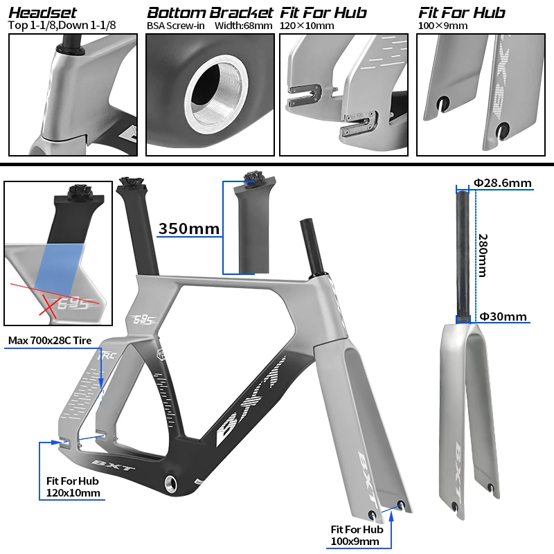BXT 2026 Carbon Track Bike Frame TRC-695 Aero Fixed Gear Track Bike Carbon Frameset Fit 700C, Max 28C Tire view 3