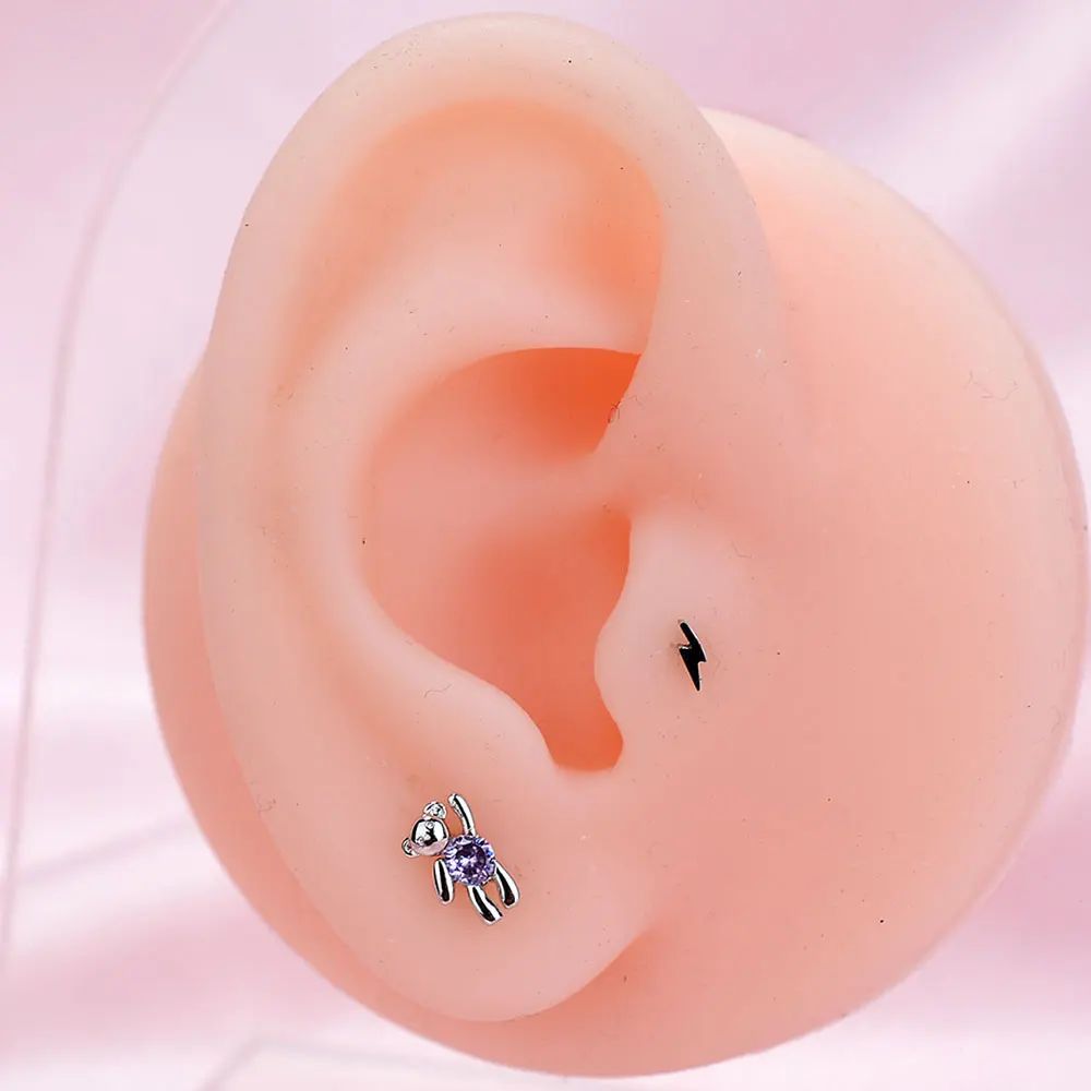 1Pc Stainless Steel Zircon Small Honey Bear Earrings for Women Tiny Flower Animal Studs Helix Piercing Jewelry