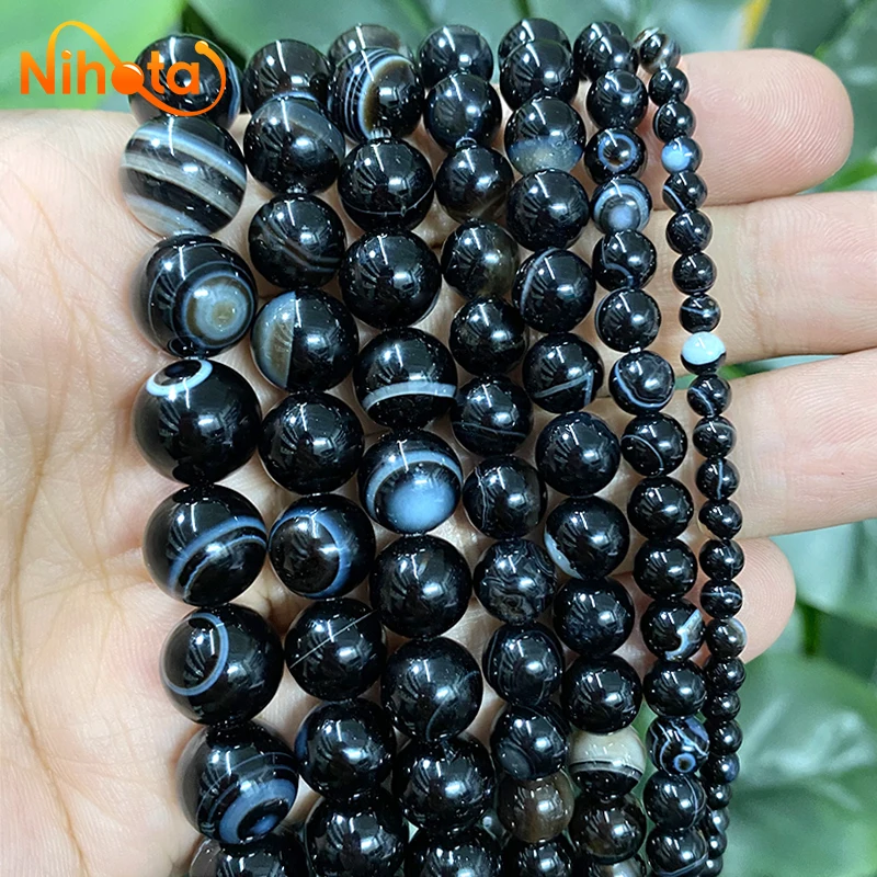 Natural Banded Black Lace Striped Agates Round Loose Beads 4/6/8/10/12/14mm for Jewelry Making Bracelet DIY Ring Earrings 15