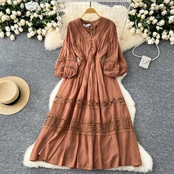 Chic Korean Hollow Out Lace Spliced Sexy V-neck Long Lantern Sleeve Slim Dress Vintage Women High Street Autumn Winter Clothing