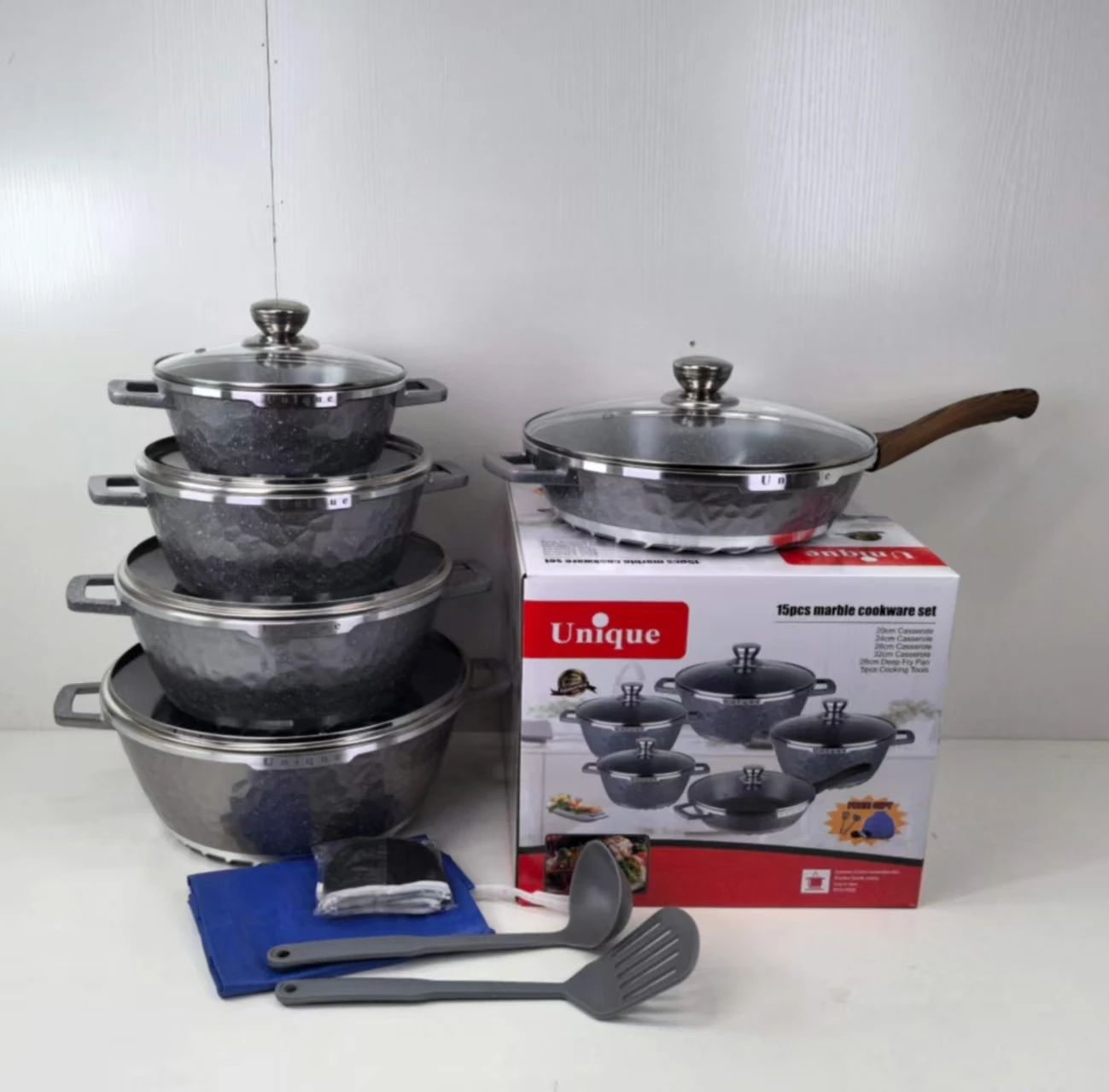 New Unique Hammer Pattern 15-Piece Set Non-Stick Metal Suit for Foreign Trade Die-Casting Maifan Stone Stock Pot Single Pot