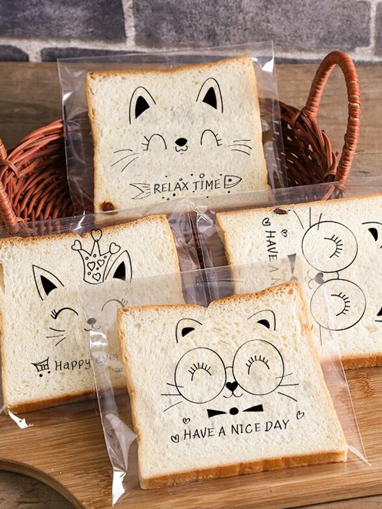 100pcs Gift Wrap Transparent Opp Self-closing Bag, Cute Cat Pattern Printed Bread Toast Bags for Party Festival Gift Bags