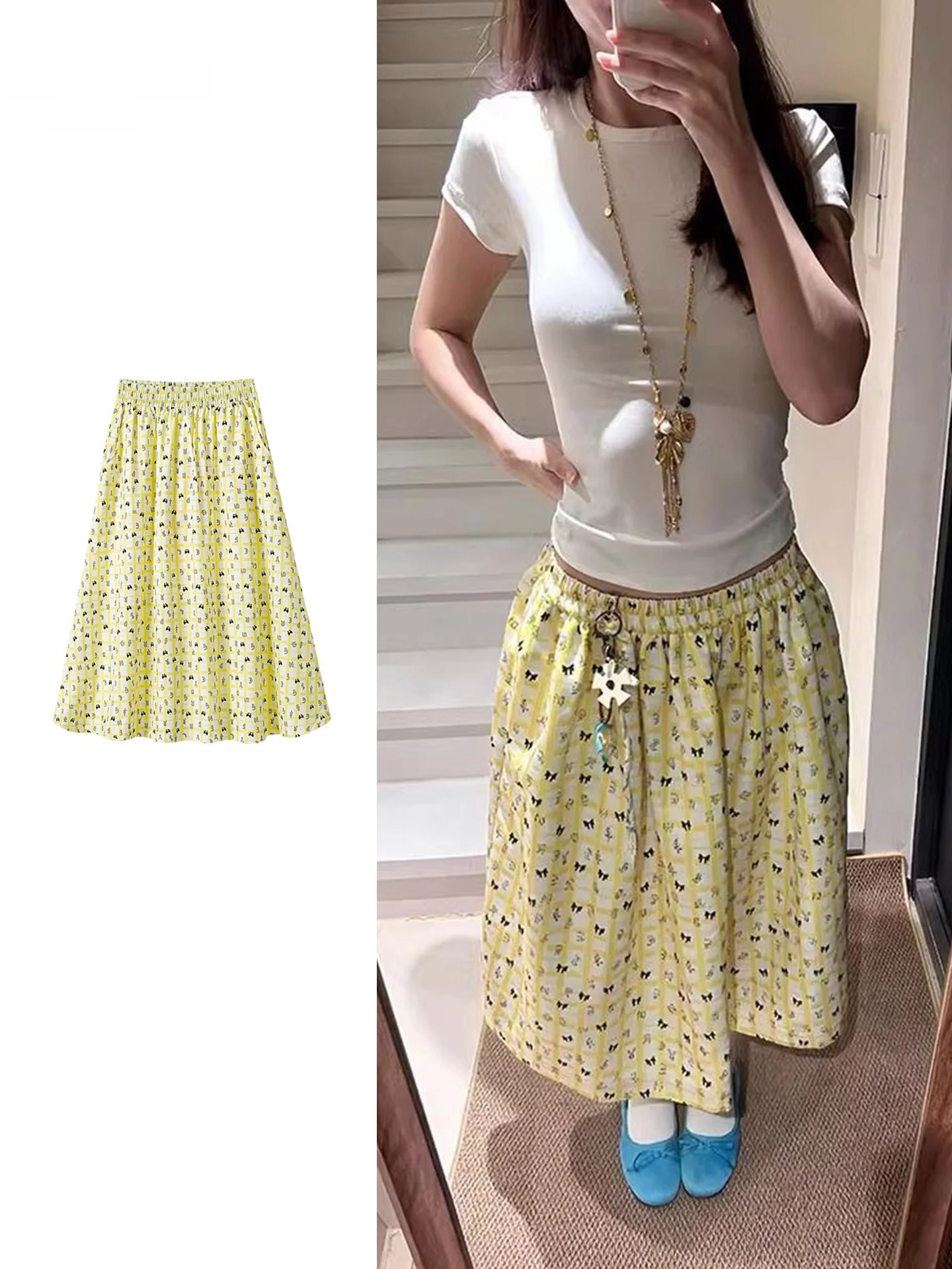 Yellow Floral Print Midi Skirt Women's Summer Vacation Style Half-length A-line Skirt High Waist Versatile Fashionable Dress