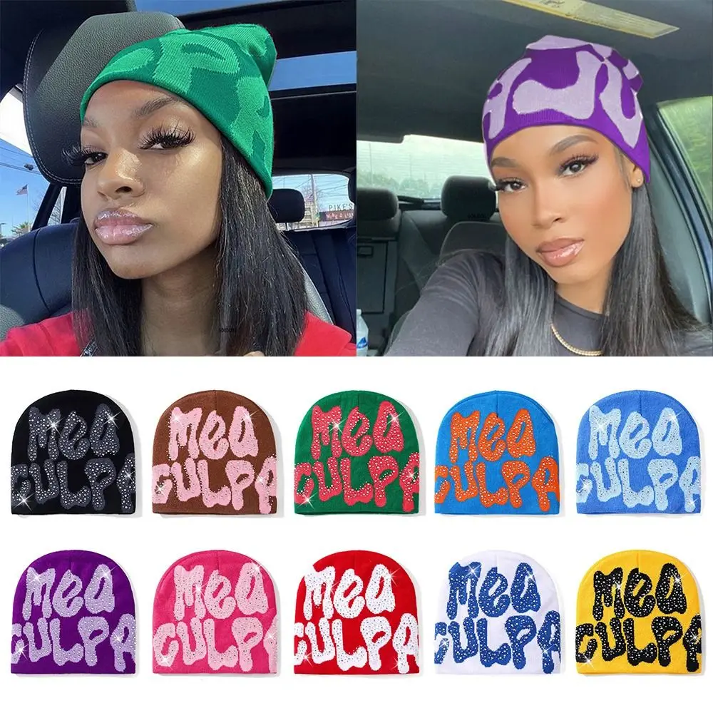 MEA Culpa Beanies Hat with Rhinestone for Women Men, y2k Beanies Hats Hip-hop Soft Stretch Warm Knitted Slouchy Cap
