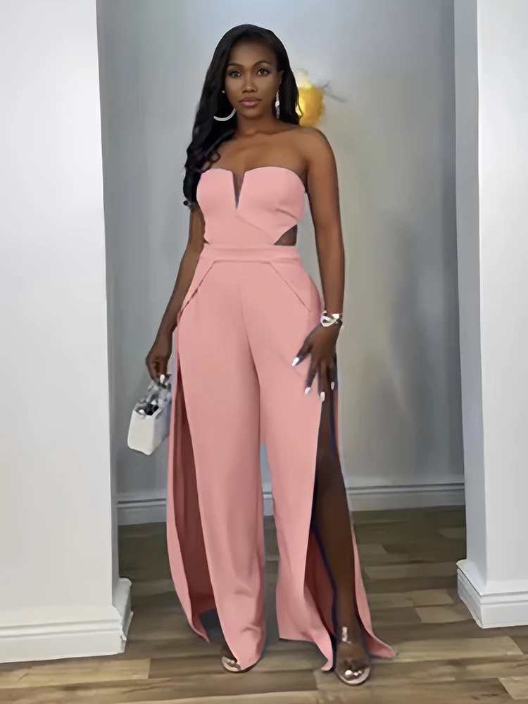 Woman Summer Strapless Jumpsuit with Trousers Solid Color Sexy Backless Jumpsuit Cut Out Waist Ladies Jumpsuit Side Slit