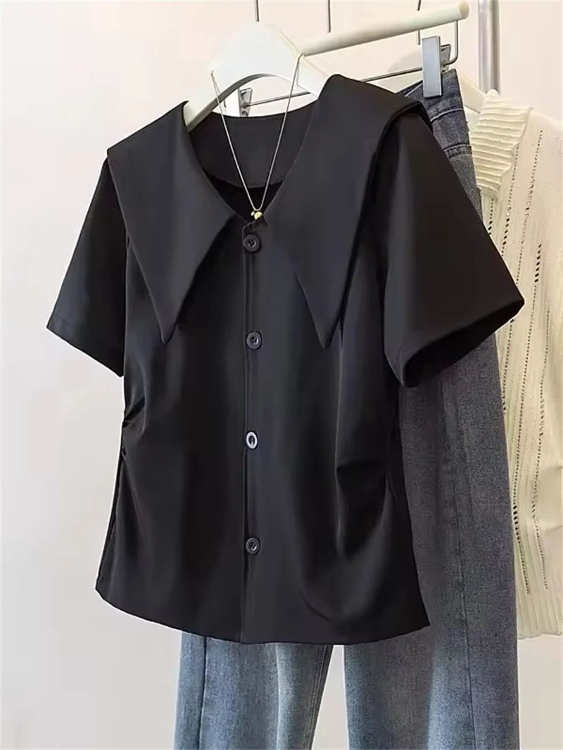 مزاجه قصيرة الأكمام قميص المرأة الصيف بحار طوق تصميم بلوزة الكورية تخفيف قمم عارضة