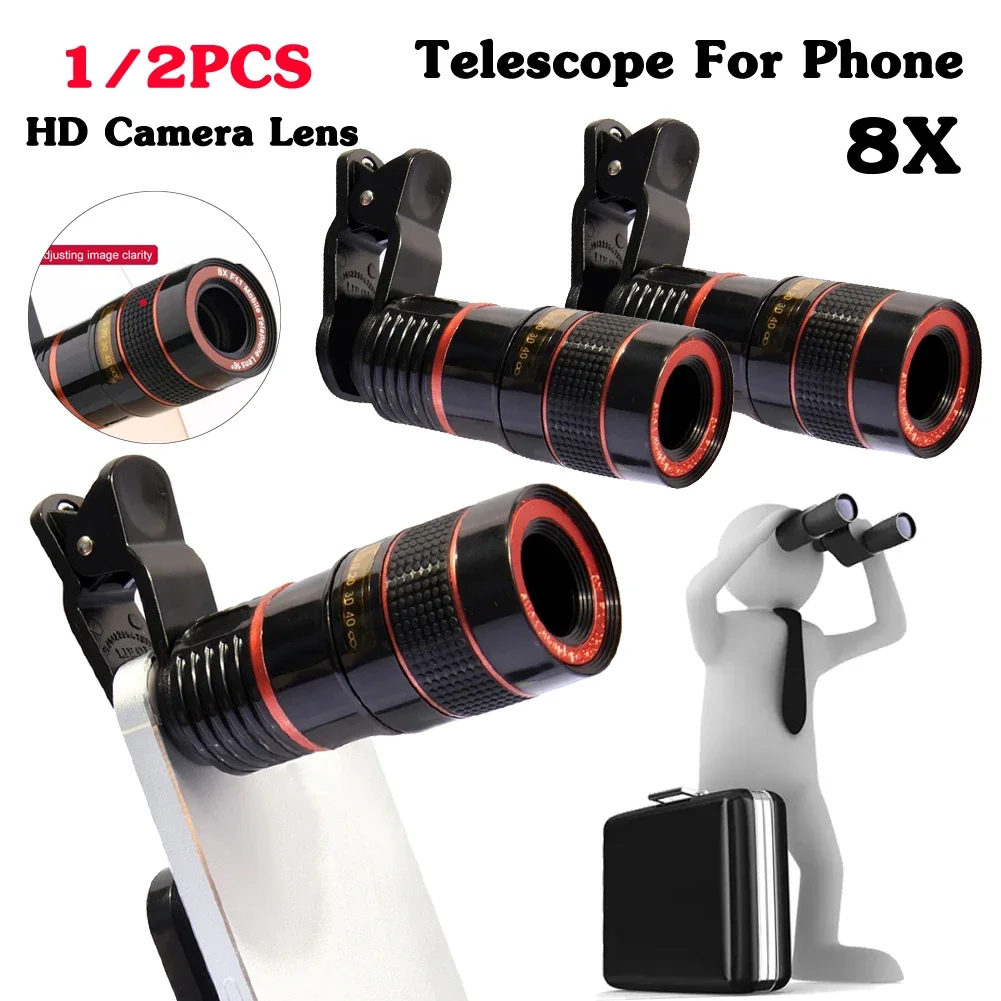 1/2pcs 8X Telescope Clip-on Lens Telephoto Lens Mobile Phone Telescope HD camera Lens External Zoom Special Effects Magnifier