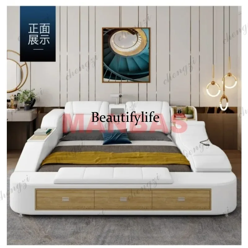 Luxury Multifunctional Leather Smart Bed with Storage Drawers, Massage, Bluetooth Speaker, USB, Modern King Bed with
