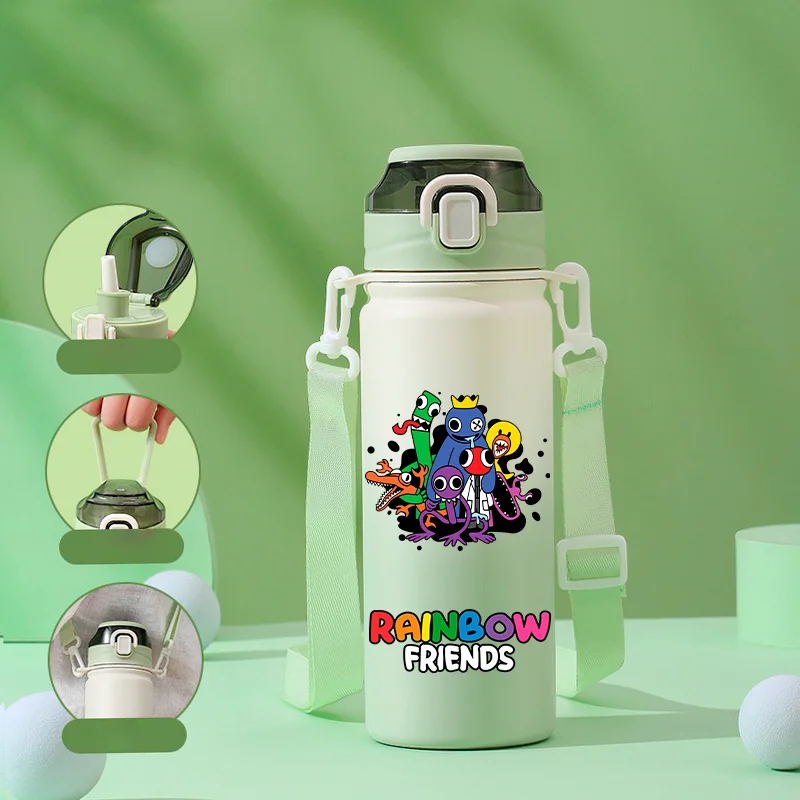 Bottiglia d'acqua in acciaio inossidabile con cartoni animati Rainbow Friends da 600 ml Bottiglia d'acqua portatile a prova di perdite Tazza d'acqua isolata per sport all'aria aperta