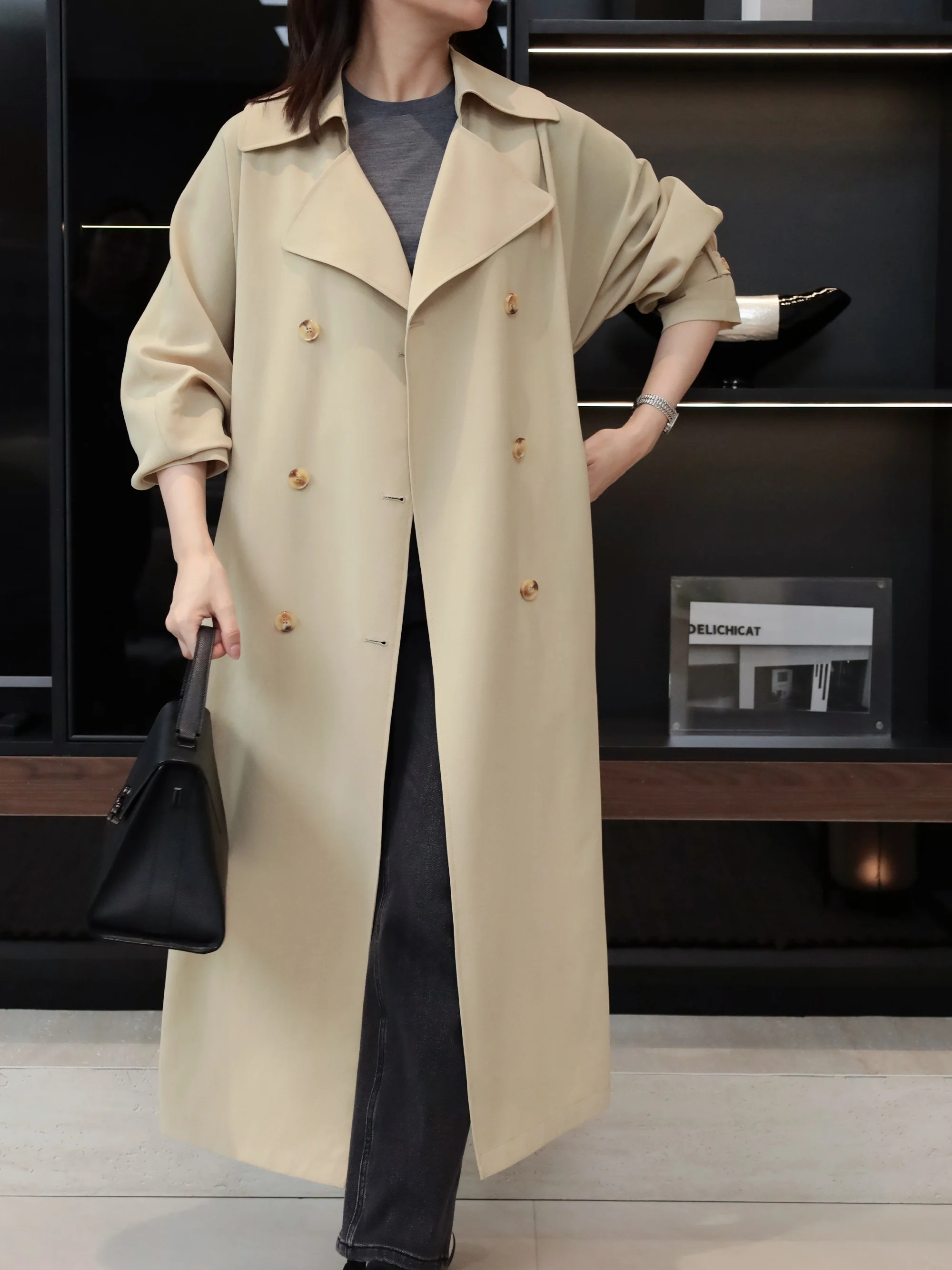 

Ele Long Tailored Coat Chi Spring Early Season Double Breasted Polyester Fiber Women's Faion High Quali Windbreaker