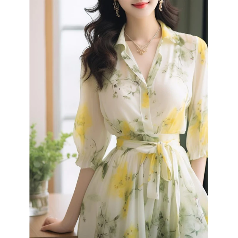 Summer Elegant Fashion Sweet Floral Printed Vestido Female Half Sleeve Casual Lace Up Robe Women Polo-neck Vintage Chiffon Dress