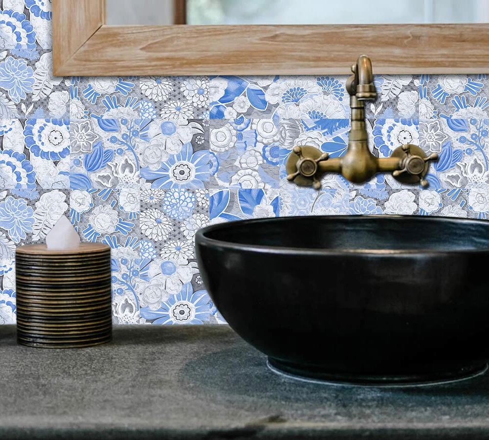 Pegatinas de pared de azulejos de flores azul claro, calcomanías artísticas impermeables para cocina, armario, renovación del hogar, 10 Uds.