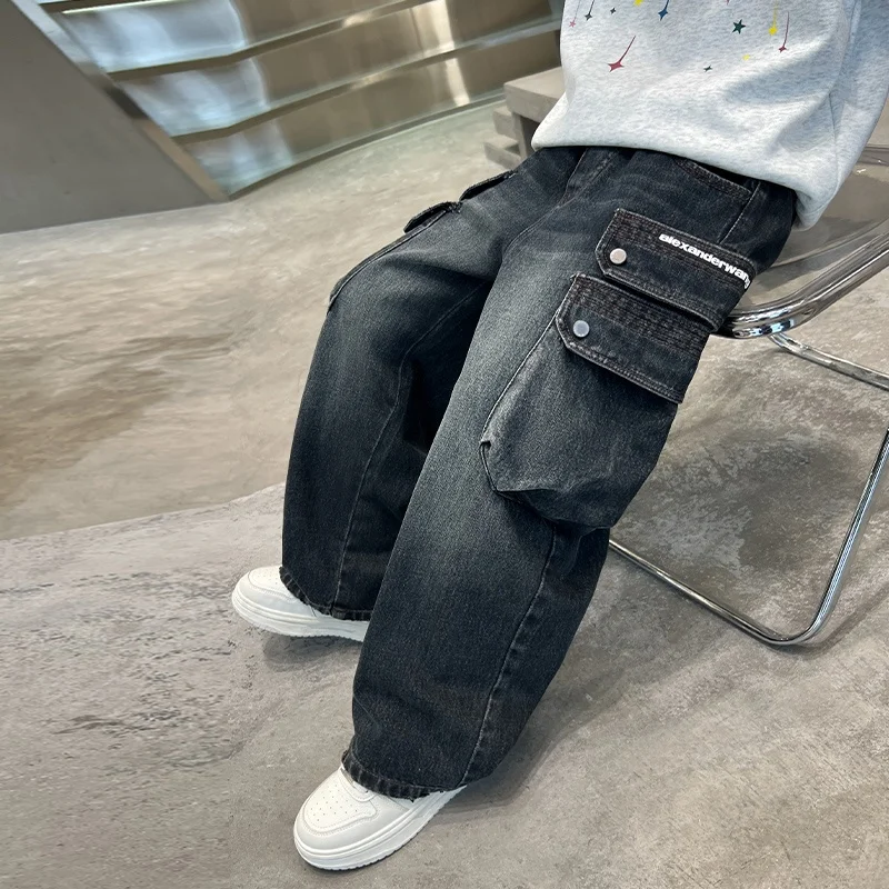 

Boys Jeans Ages 4-14Y Child Cargo Pants Tween Boys Denim Students Spring Autumn Daily Long Trousers Toddler Straight Blue Jeans