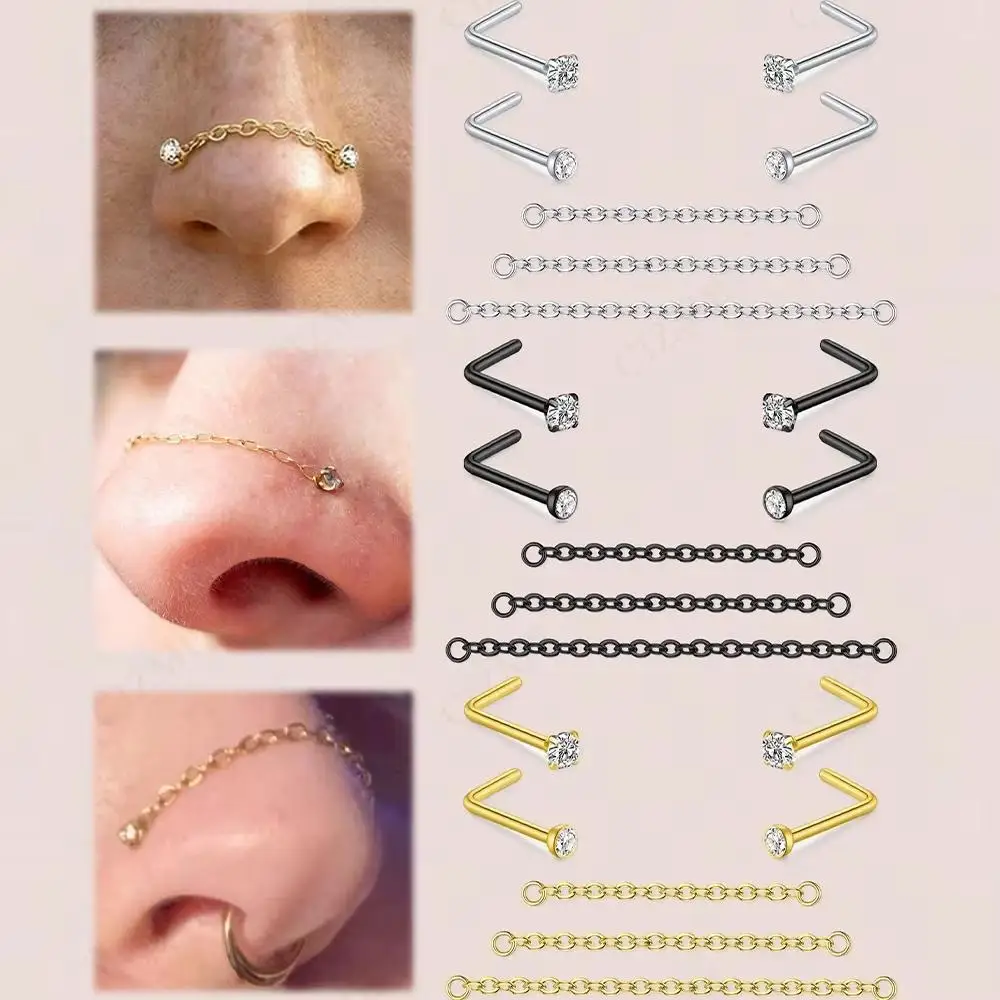 7pcs 20G 1.5/2/2.5/3mm CZ Nose Ring Chain Stud Unisex Punk Surgical Steel Single Chain L-Shaped Bar Earrings For Daily Wear