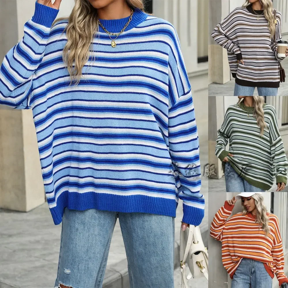 

Pullovers Women Tops Striped Print Knitted Sweaters Round Neck Loose Casual Regular Jumpers Elegant Splice Autumn Winter