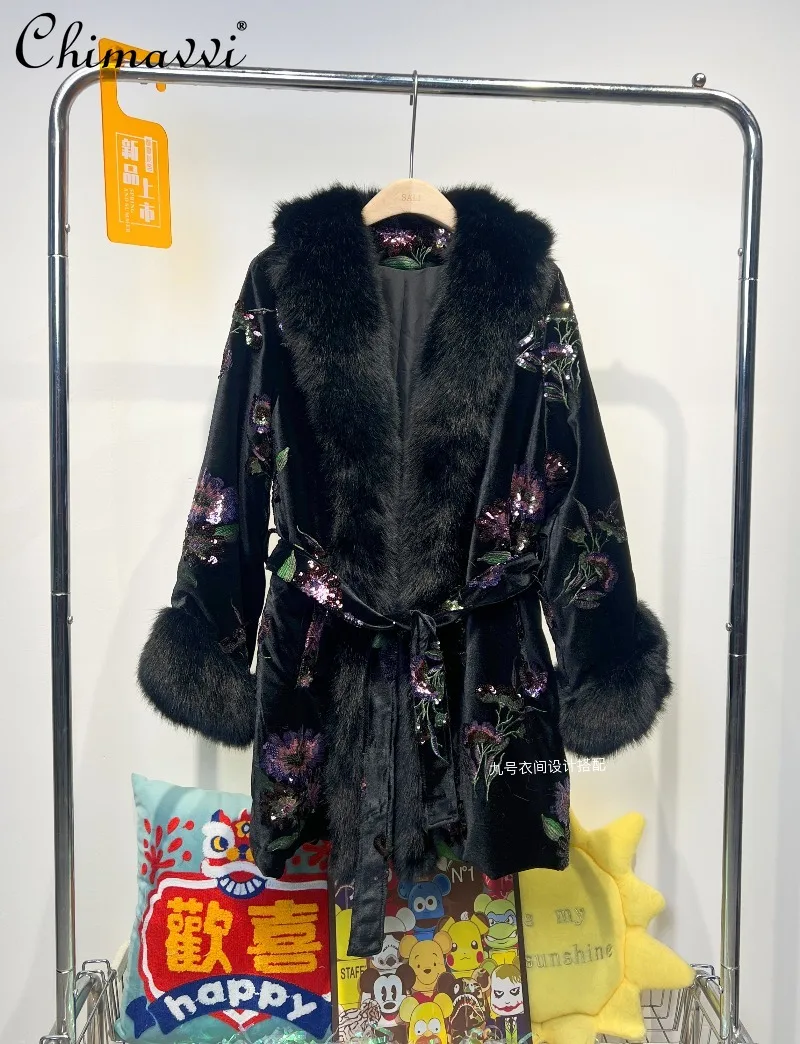 Abrigo de visón europeo de terciopelo Retro de estilo chino para mujer Otoño Invierno nueva chaqueta de piel holgada de longitud media con lentejuelas bordadas pesadas