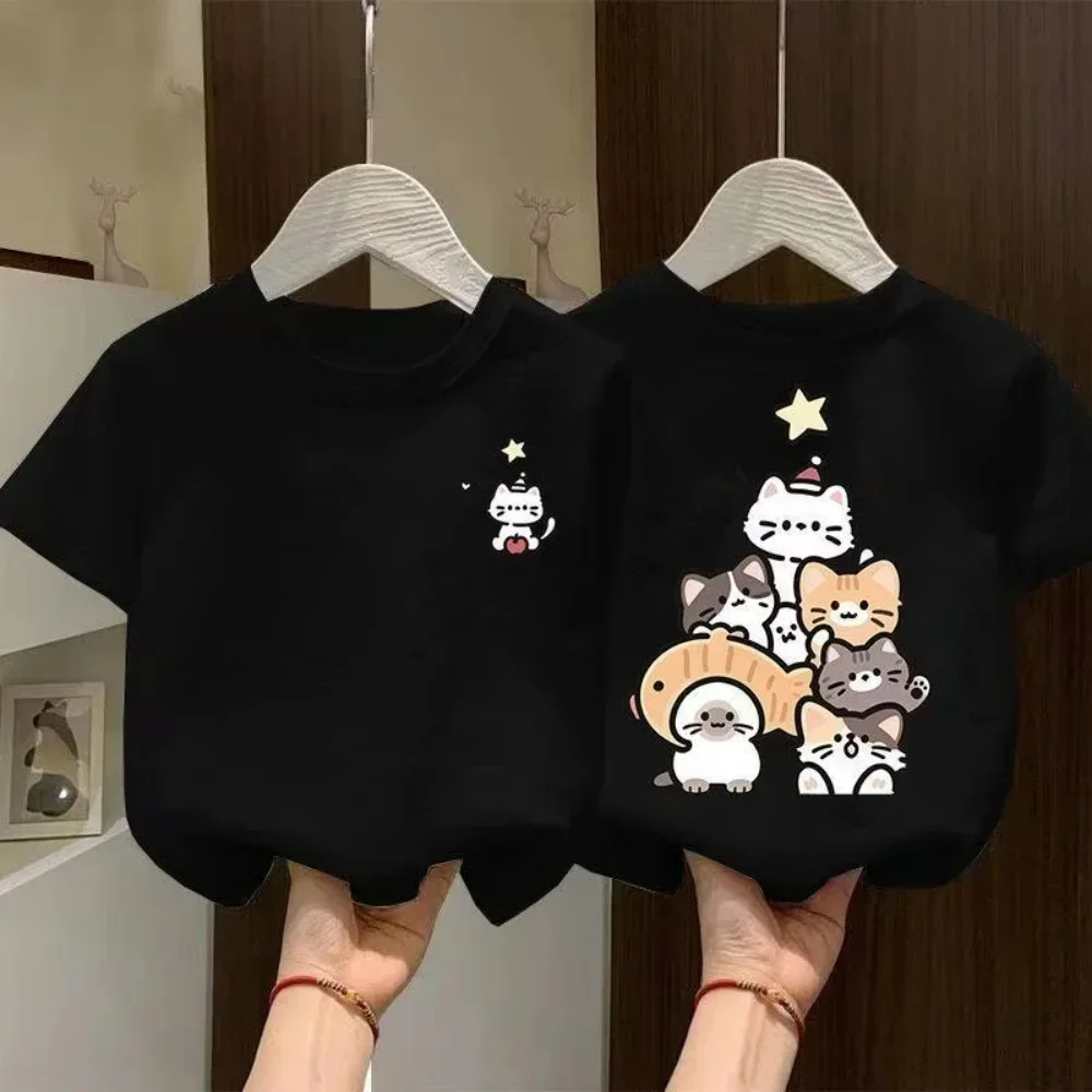 Children Casual Double Sided Print Tee Left Chest Tiny Cute Kitty Back Cat Pile Christmas Tree Star Fish Lovely Pattern Daily T