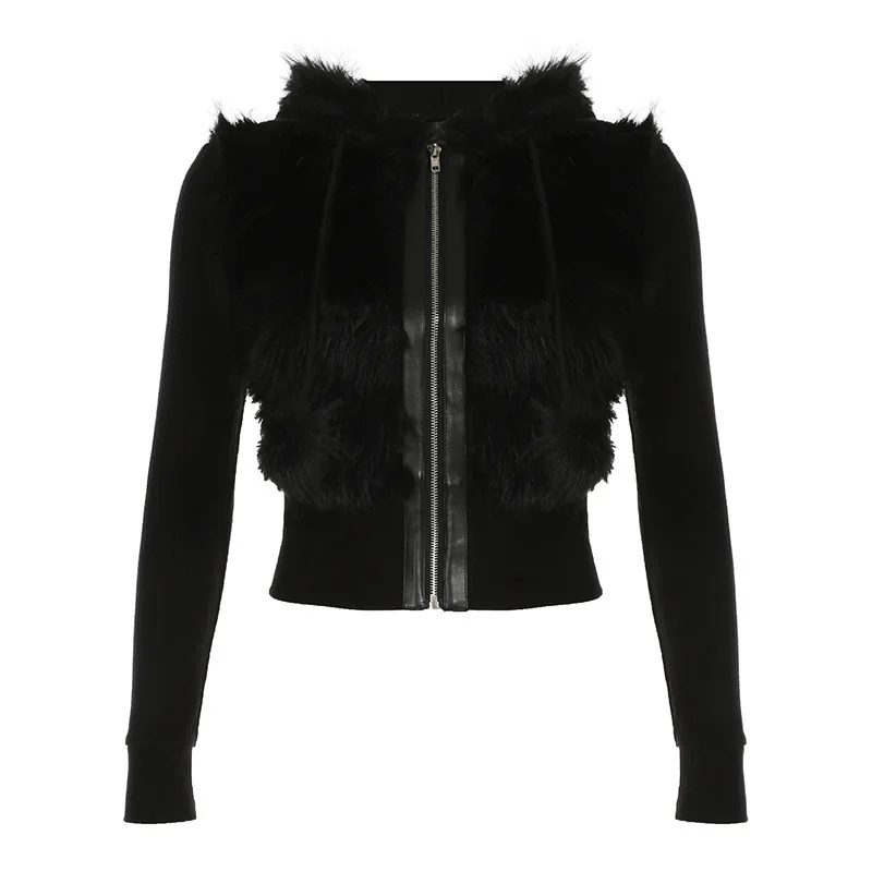 Ins المرأة الصلبة اللون الفراء المرقعة محبوك الأخدود قطاع الخصر التخسيس مقنعين سترة قصيرة جديدة