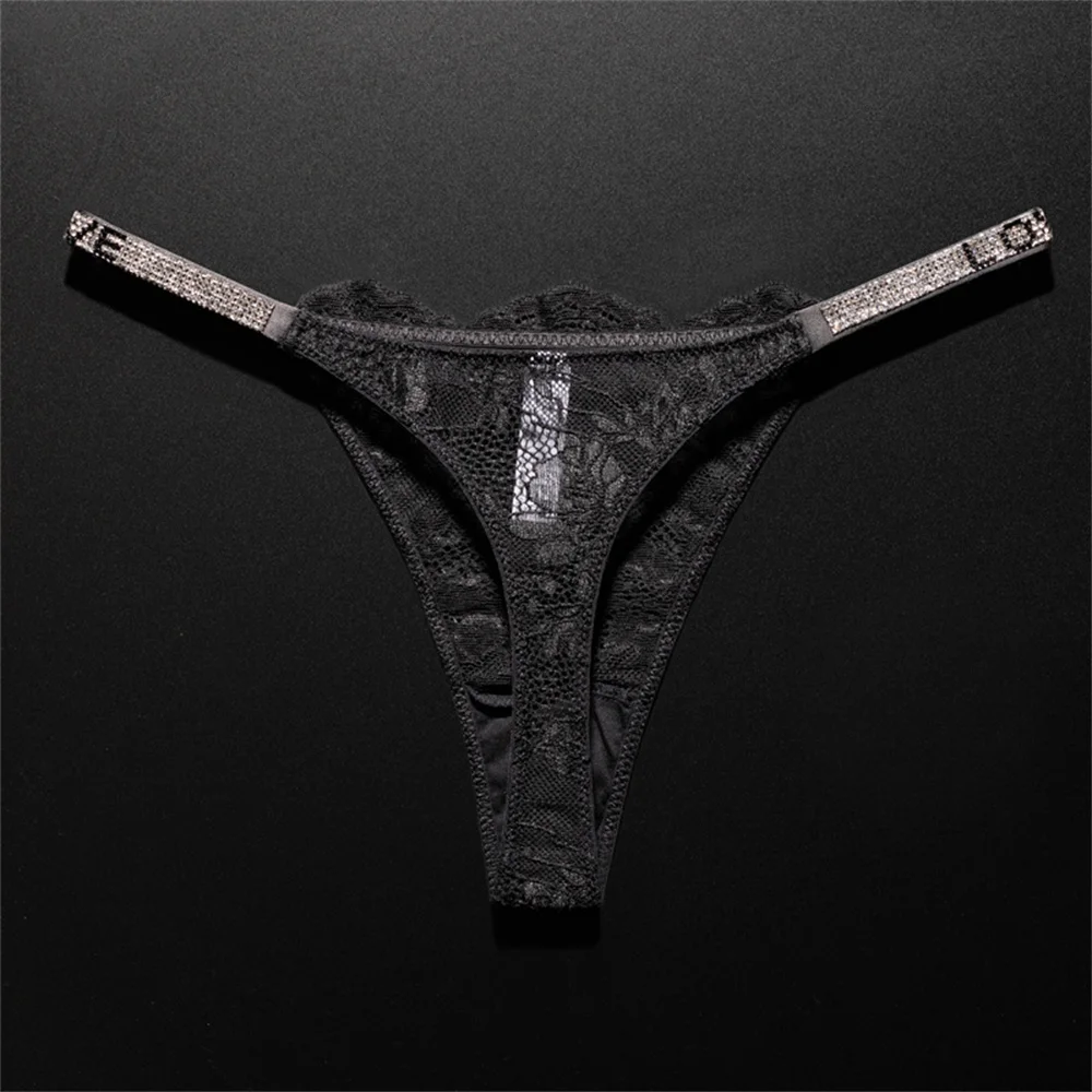 Sexy krystalově zdobené krajkové tanga s prodyšným T-back spodním prádlem pro evropské ženy, průhledné T-back, plus velikost S-XL - náhled 2