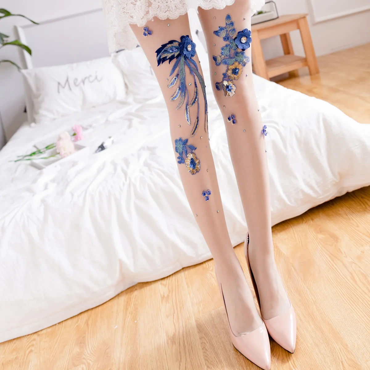 NEW Nylon Stockings Sexy Tights for Women Girls High Waisted Floral Appliqué  Pantyhose Lingerie